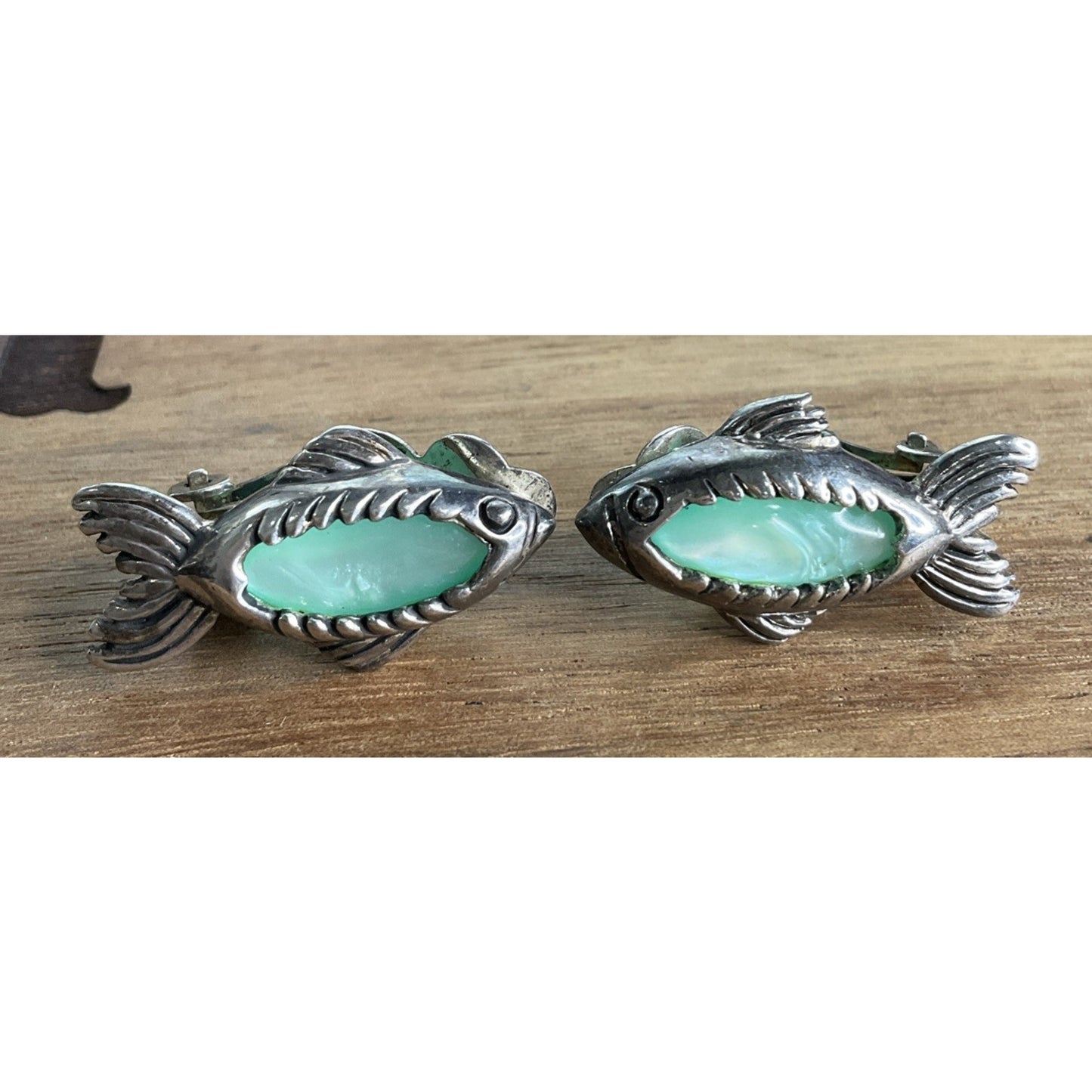 Vintage Sterling Silver Fish Coastal Clip On Earrings Aqua Green Gemstones 10g