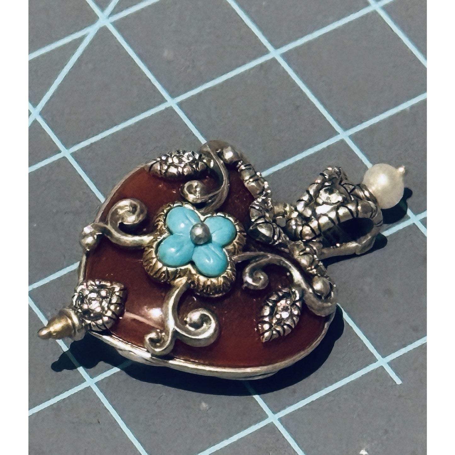 Vintage Barbara Bixby 18K & 925 Sterling Carnelian Turquoise Pearl Heart Pendant
