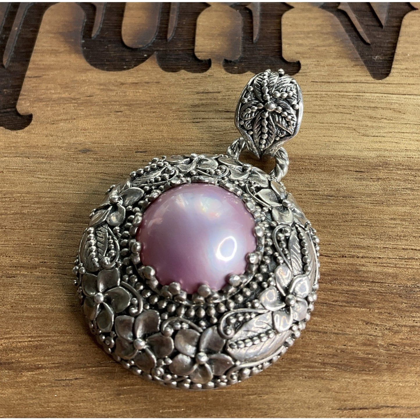 Sardis 925 Sterling Silver Pink Cabochon Ornate Pendant Turkish Style