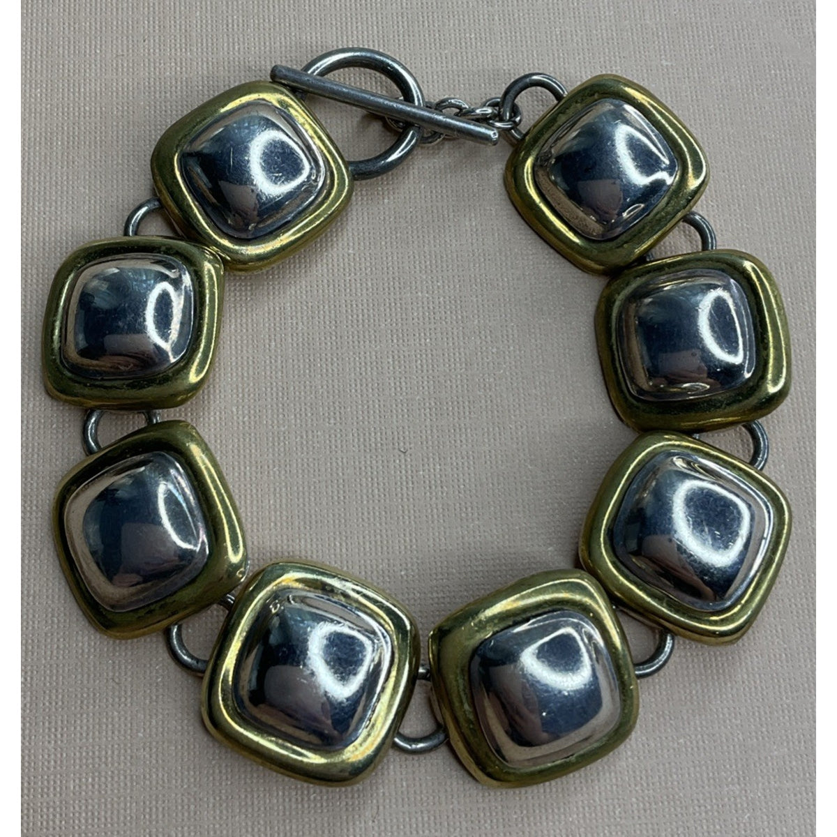 Mexico 925 Sterling Silver Two Tone Square Link Bracelet 36g Toggle 7.5”
