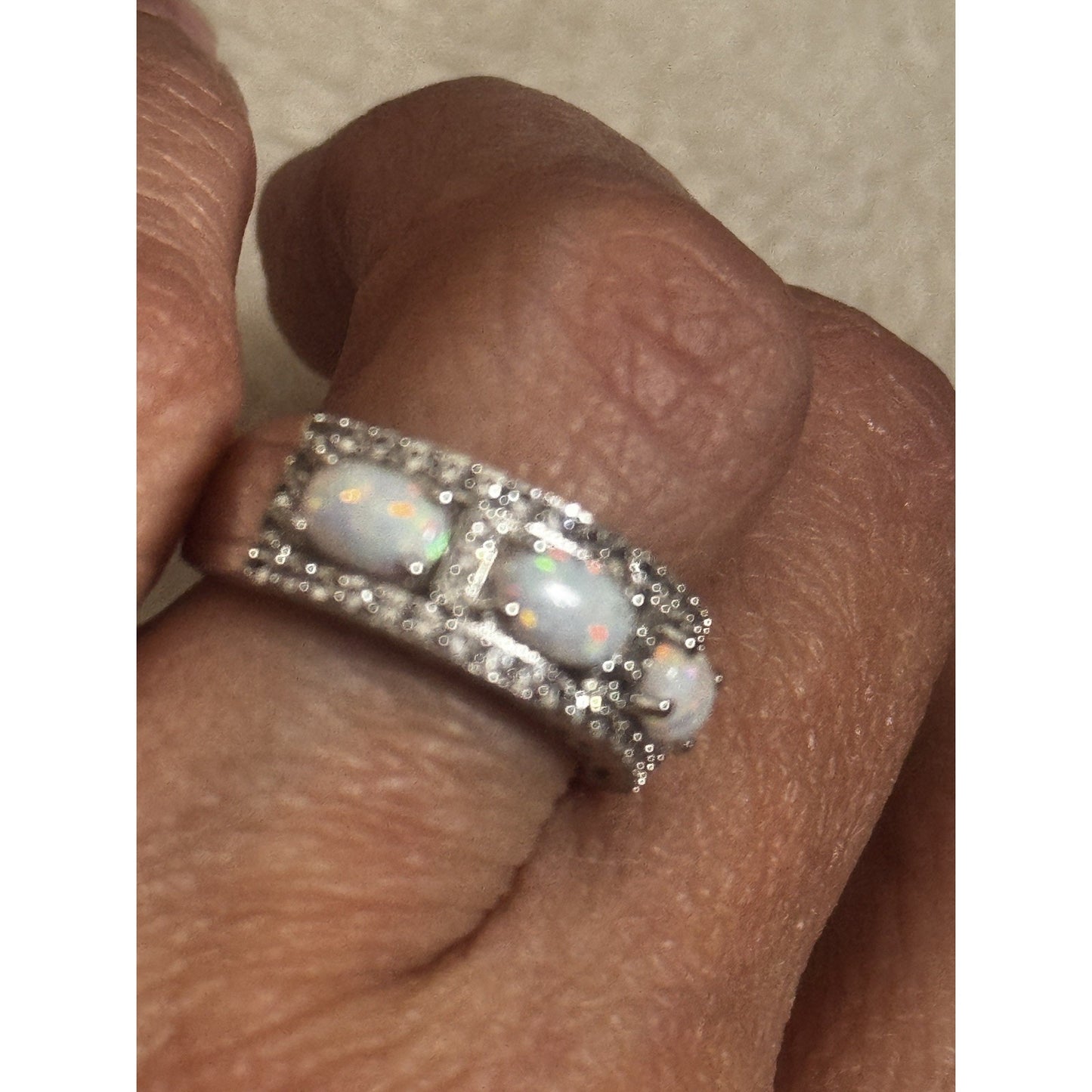 Signed SUN 925 Sterling Silver 3 Stone Oval Opal Ring Pave Size 6.5 Wide Band