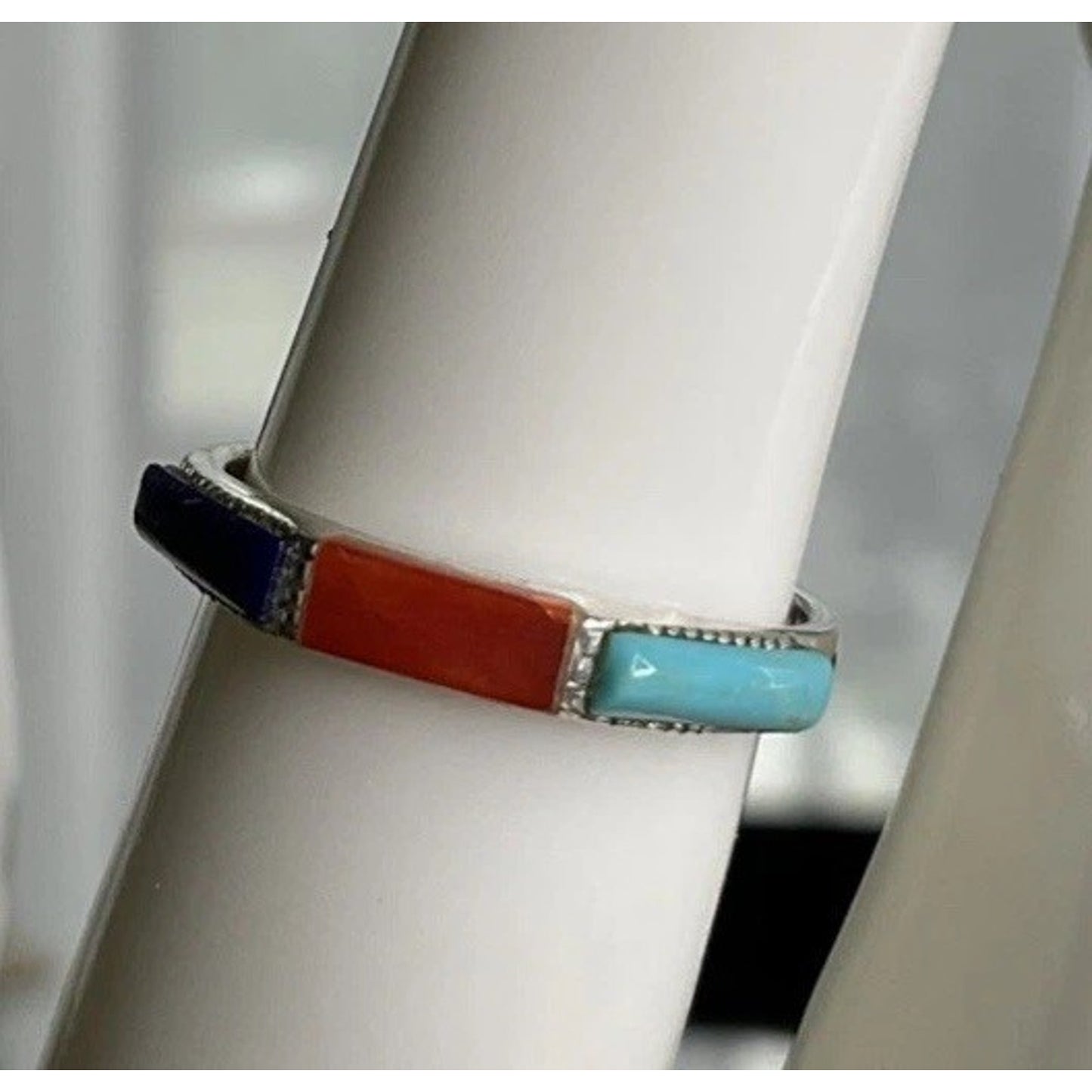 Peyote Bird Sterling Silver Southwestern Multi Stone Inlay Band Ring Size 5