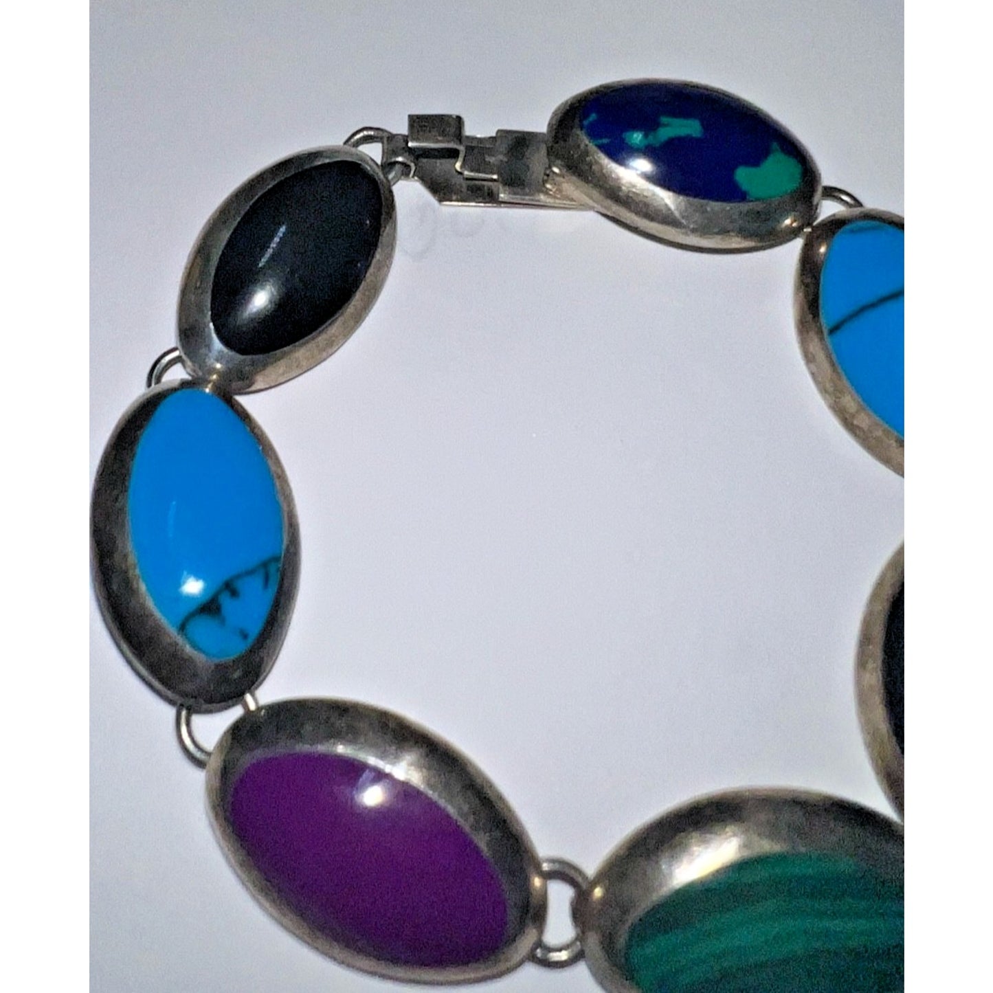 Vintage Sterling Silver Multi Stone Inlay Bracelet 29g Malachite Turquoise 7.5”