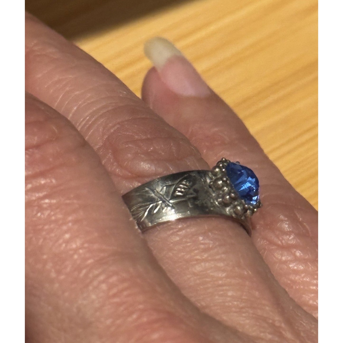 Vintage Thai Sterling Silver Blue Topaz Ring Wide Engraved Band