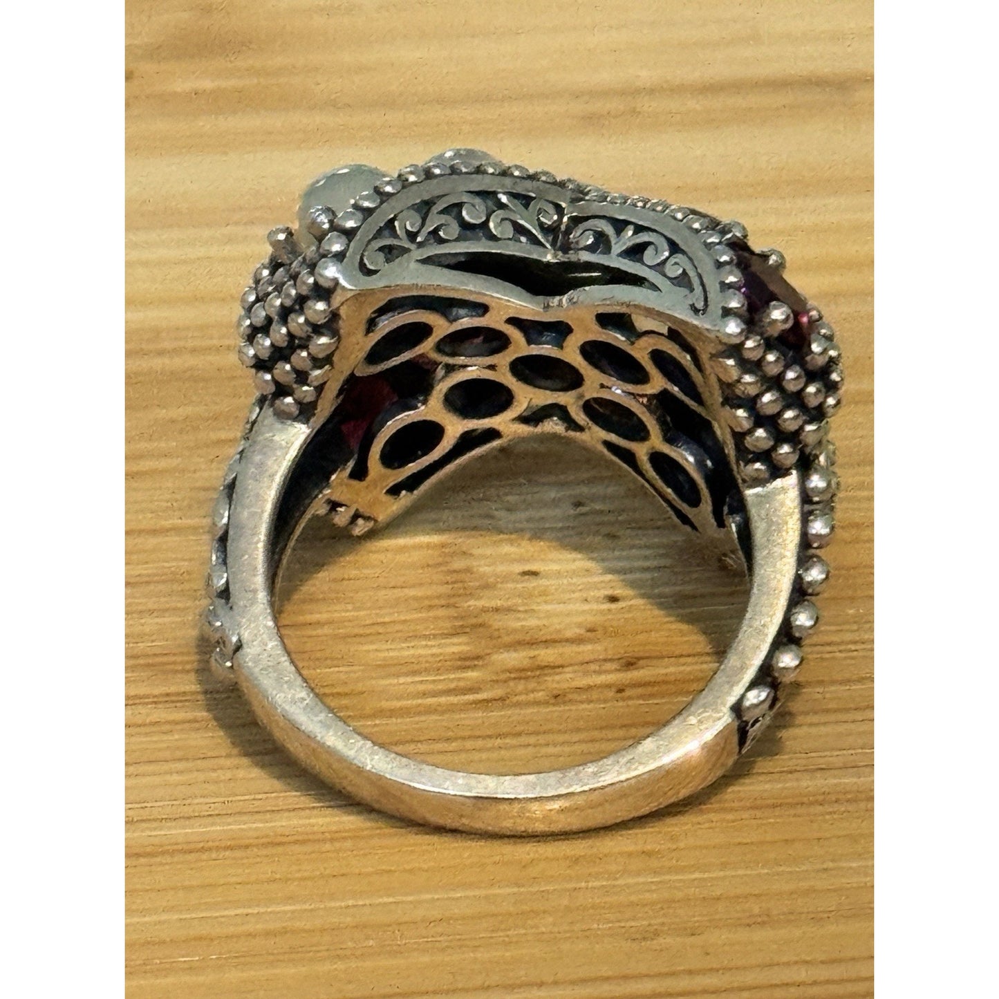 Vintage Sterling Silver Opal & Garnet Statement Ring Boho Bali Ring Size 8.5