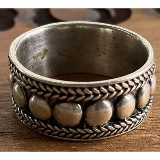 Vintage Wide Sterling Silver Dotted Textured Boho Tribal Band Ring Size 7