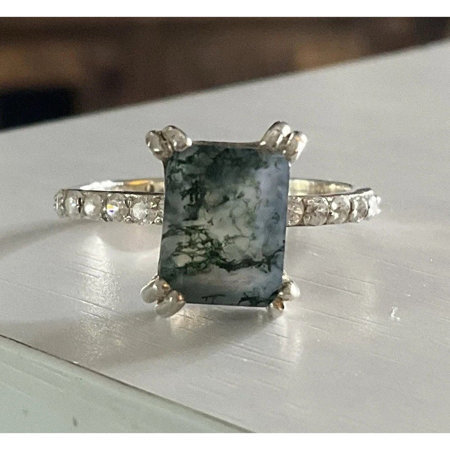 Vintage Sterling Silver Moss Agate Ring Size 8 Emerald Cut Dendritic Style 925