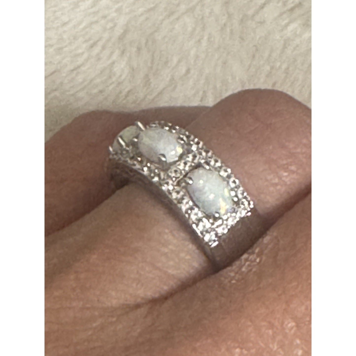 Signed SUN 925 Sterling Silver 3 Stone Oval Opal Ring Pave Size 6.5 Wide Band