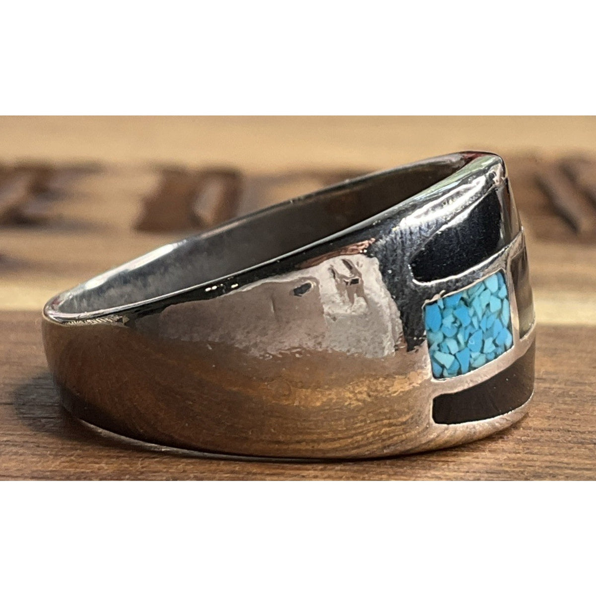 Sterling Silver Turquoise Black Onyx Inlay Ring Size 10 Southwest Band