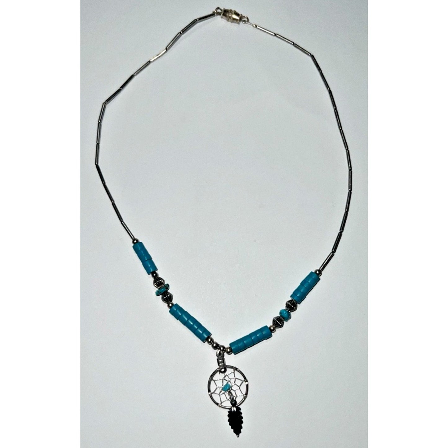 Vintage Sterling Silver Turquoise Dreamcatcher Boho Heishi Bead Necklace 16”