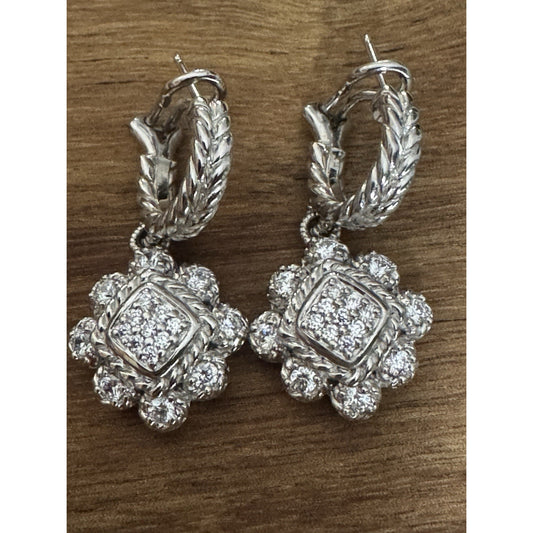 Judith Ripka 925 Sterling Silver CZ Dangle Earrings Rope Chain 14.4g Designer