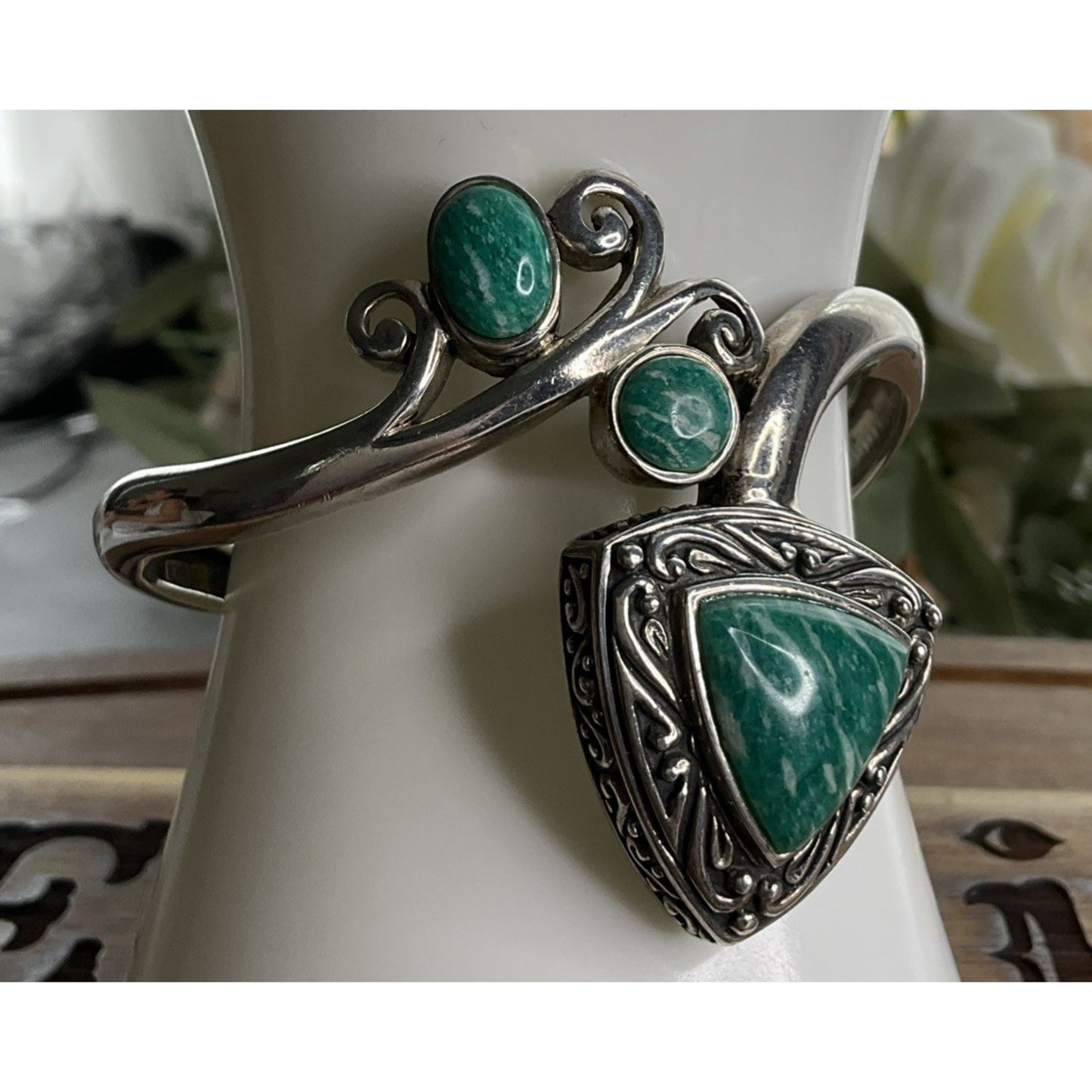 Vintage Sterling Southwestern Silver Signed NK Amazonite Cuff Bracelet 37 Grams!