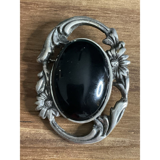 Vintage J Kalina Sterling Silver Floral Brooch with Black Onyx Cabochon 12.5g