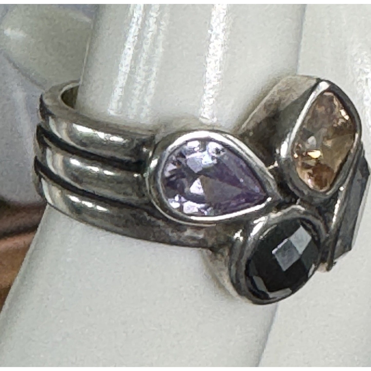 TRB Sterling Silver Cluster Champagne Topaz Iolite Black Spinel White Topaz 6.5