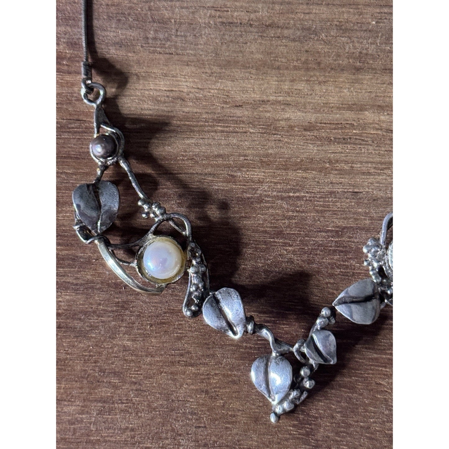 Vintage LAKI 14K & 925 Sterling Silver Pearl Necklace Botanical Leaf Vine 19”