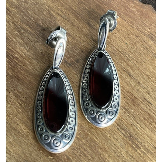 Vintage Cherry Color Baltic Amber Teardrop Dangle Drop Sterling Silver Earrings