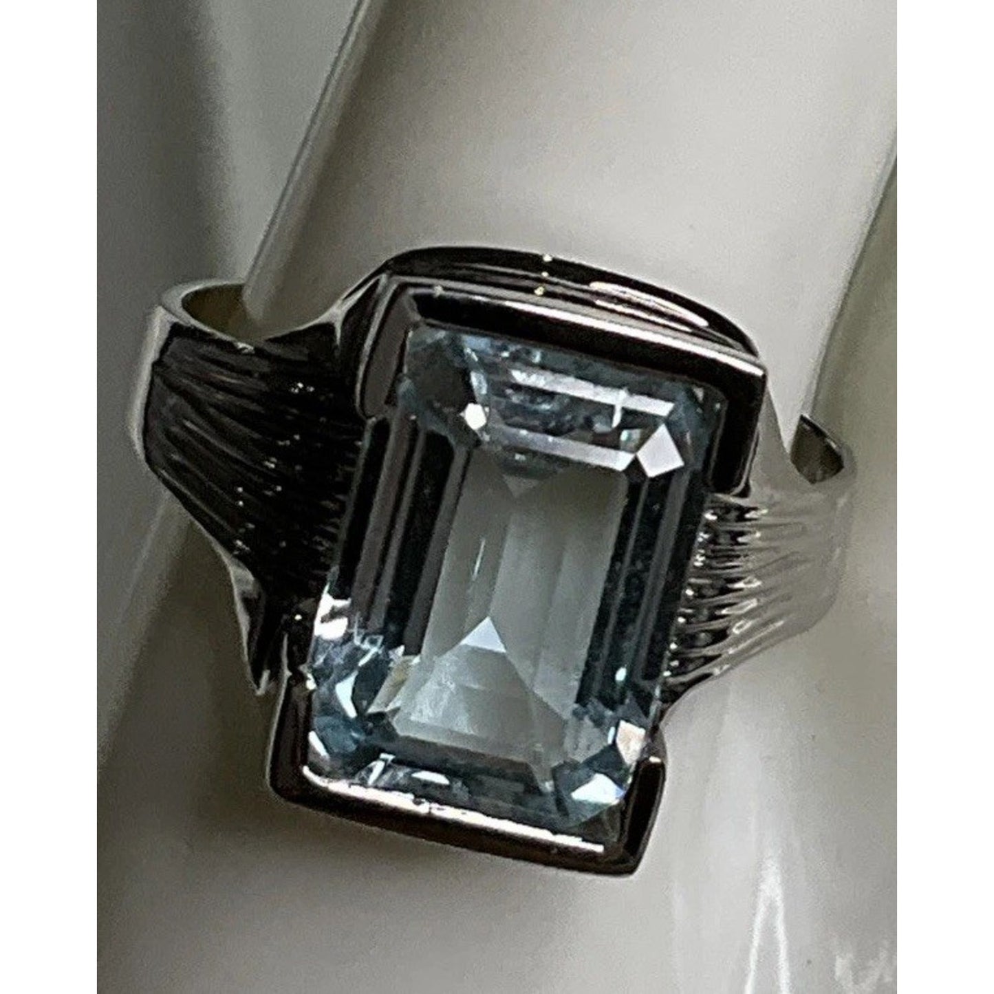 Vintage Sterling Silver Emerald Cut Blue Topaz Ring Statement Gemstone Sz 12.5