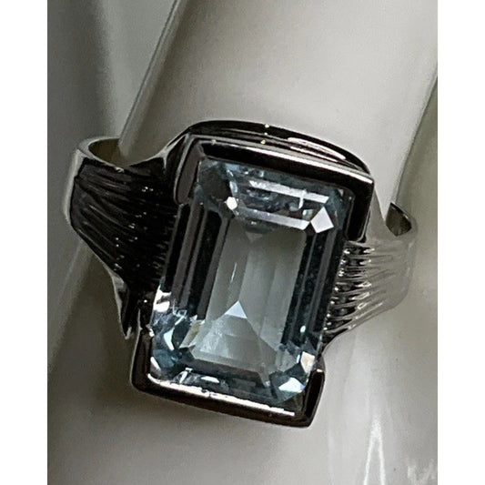 Vintage Sterling Silver Emerald Cut Blue Topaz Ring Statement Gemstone Sz 12.5