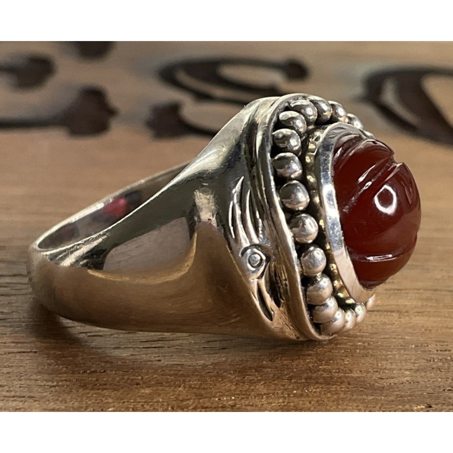 Vintage Doug Paulus DP India Sterling Silver Round Beaded Carnelian Ring Sz 6.5