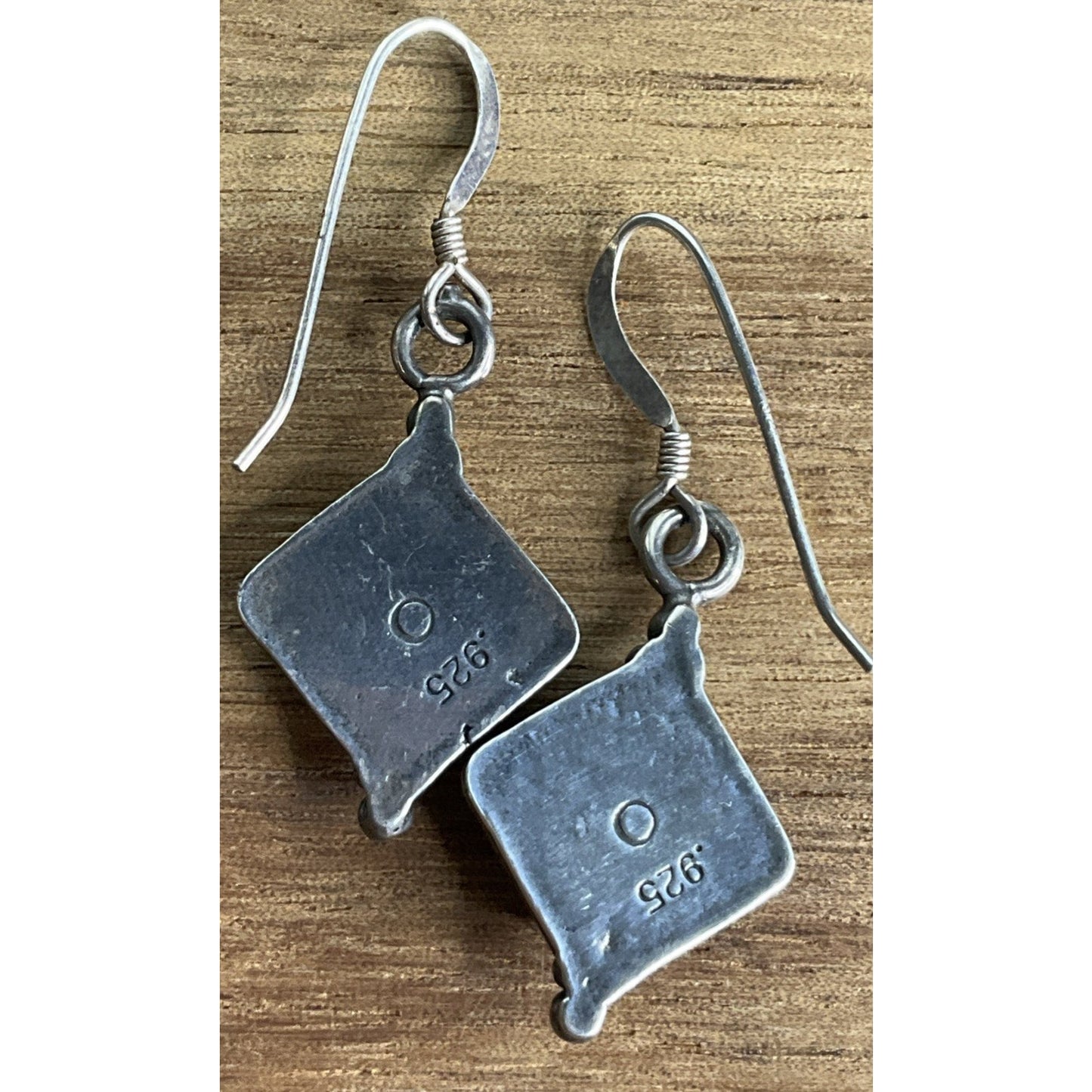 Vintage Sterling Silver Geometric Blue Iridescent Fire Opal Dangle Drop Earrings