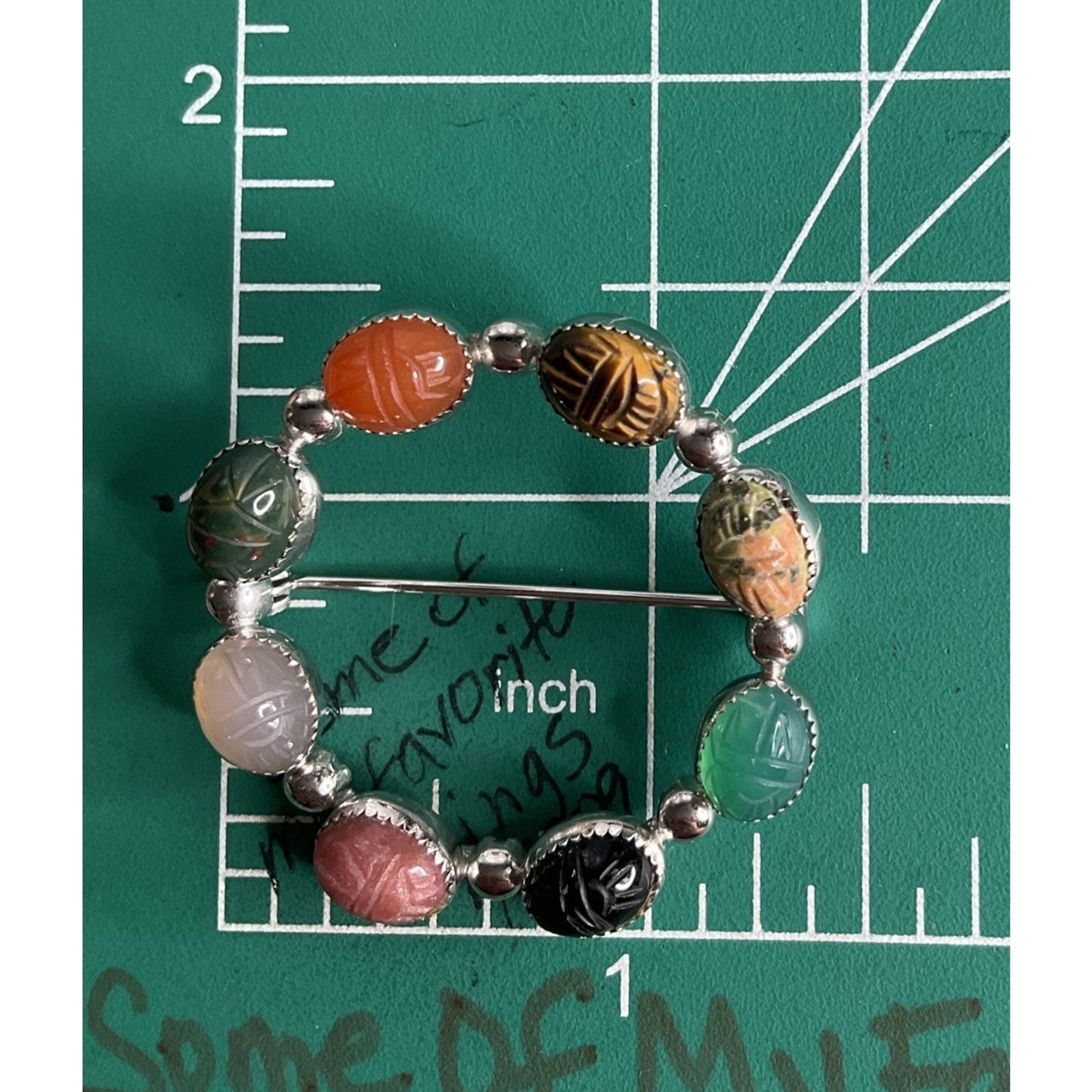 Vintage Sterling Silver Scarab Brooch Multi Gemstone Egyptian Revival Circle Pin