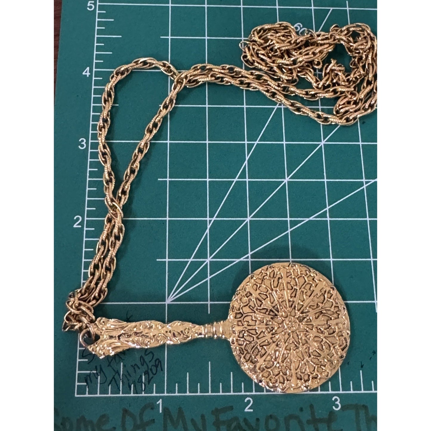 Vintage Gold Tone Hand Mirror Ornate Vanity Pendant 30” Gold Tone Necklace 1970s