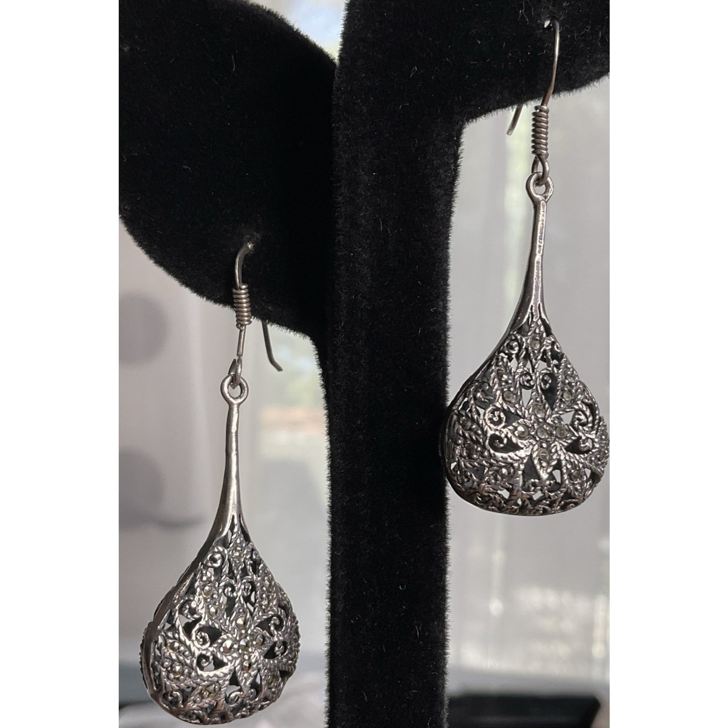 NF Sterling Marcasite Tear Drop Pendant Dangle Earrings Filigree Art Deco 17g!