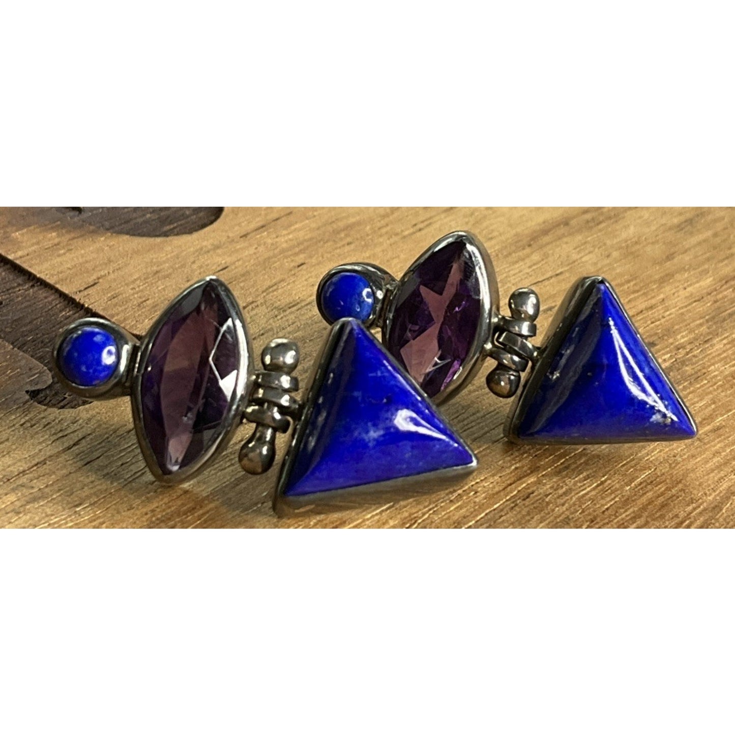 Vintage Sterling Silver Amethyst And Lapis Lazuli Modernist Dangle Drop Earrings