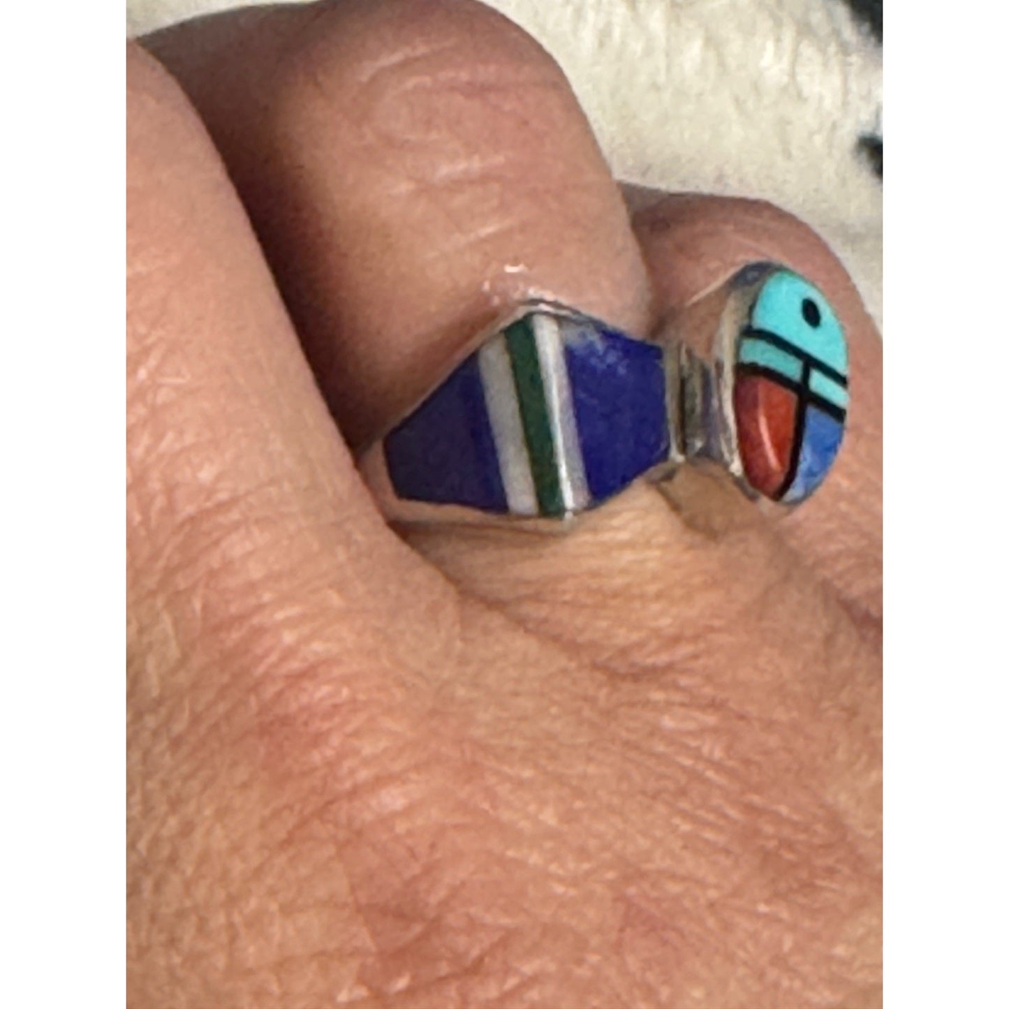 V Benally Navajo Sterling Silver Inlay Ring Turquoise Lapis Spiny Oyster Sz 7.25