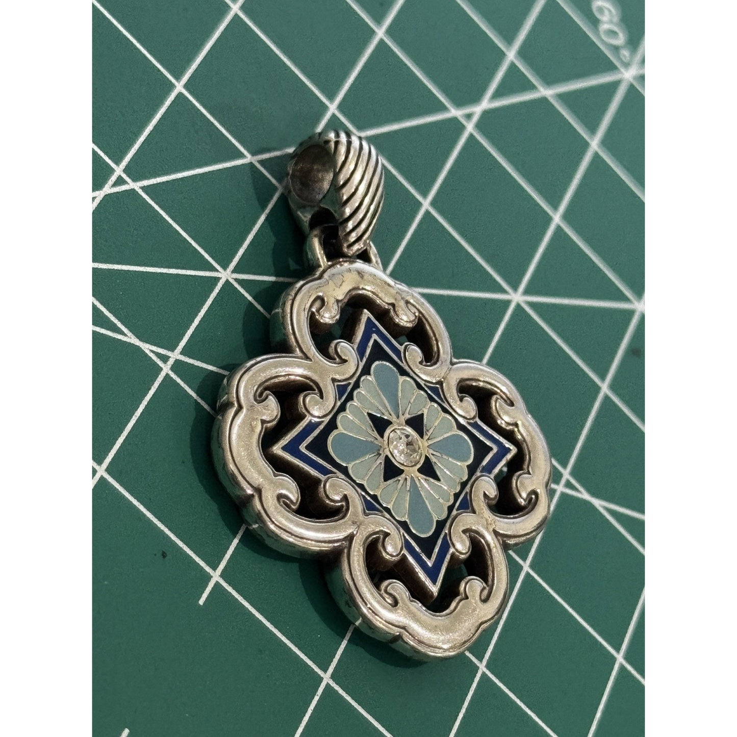 BRIGHTON Bella Capri Reversible Blue Enamel Mosaic Clover Silver Tone Pendant 2”
