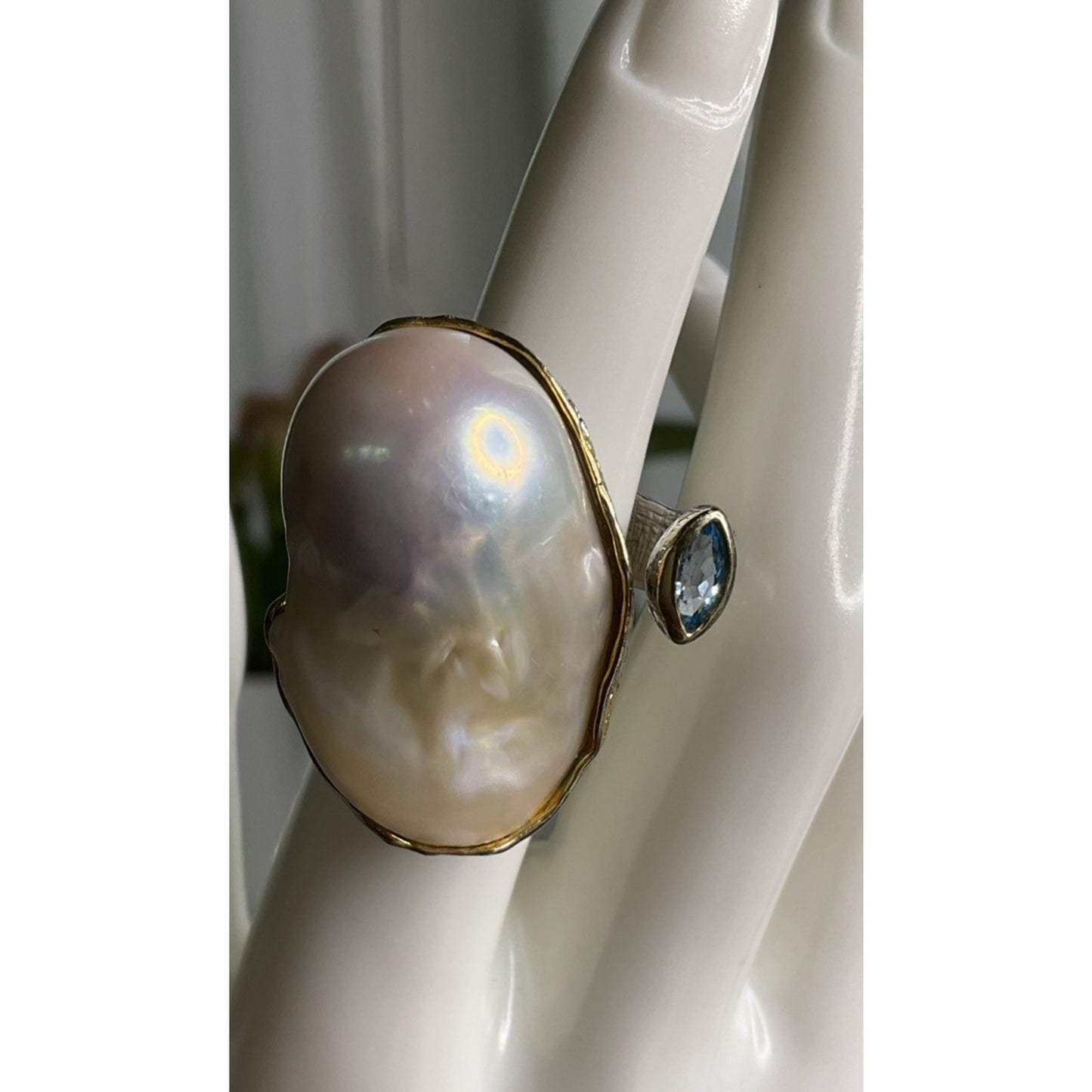 Baroque Pearl & Blue Topaz “Toi et Moi” Sterling Silver Statement Ring Size 5