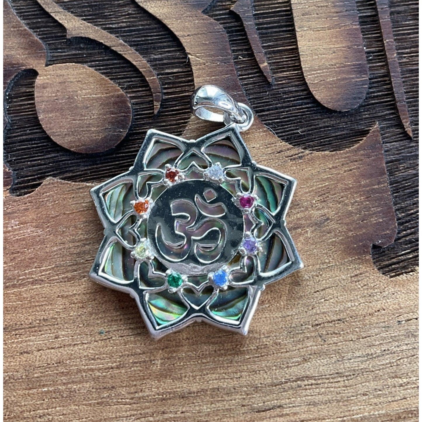 Sterling Silver Om Chakra Pendant 925 Abalone Shell Lotus Yoga Spiritual Jewelry