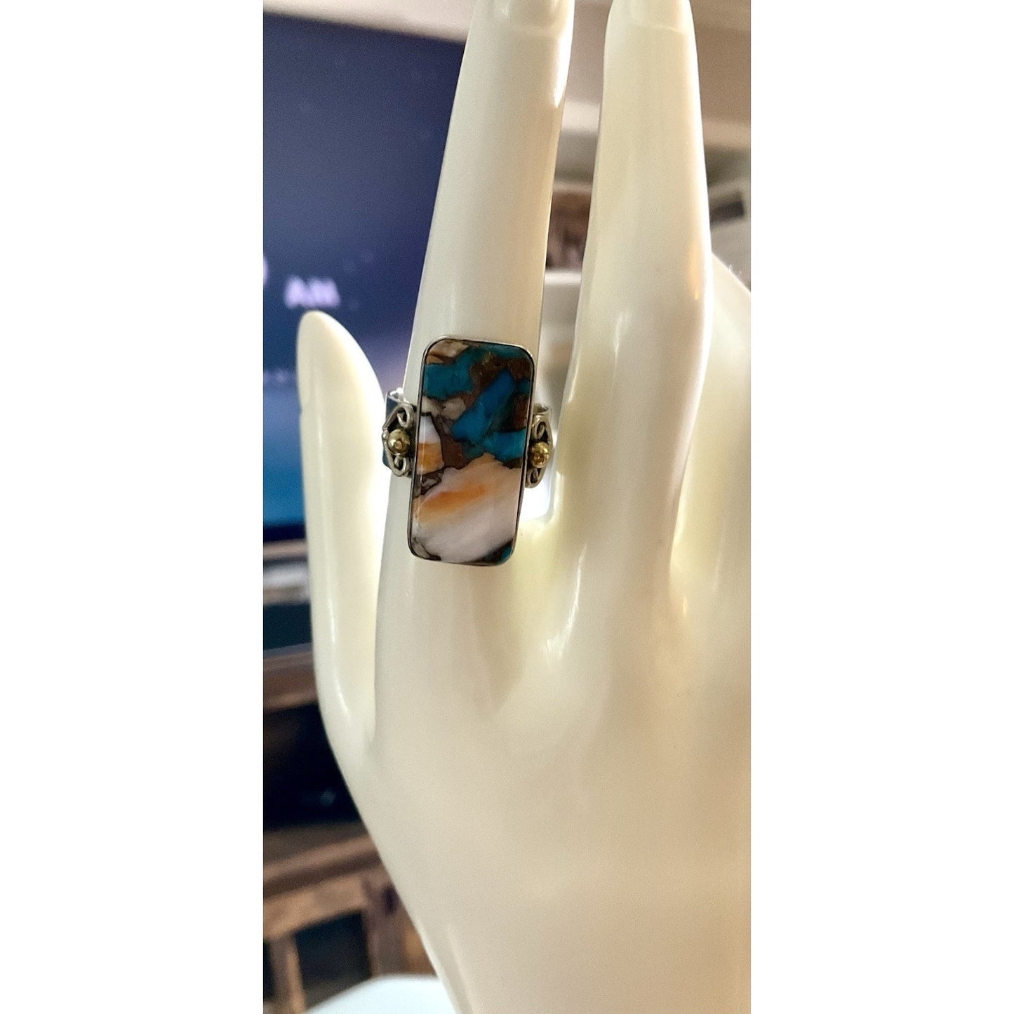 Large Turquoise Shell Inlay Ring Sterling Silver Size 9.5