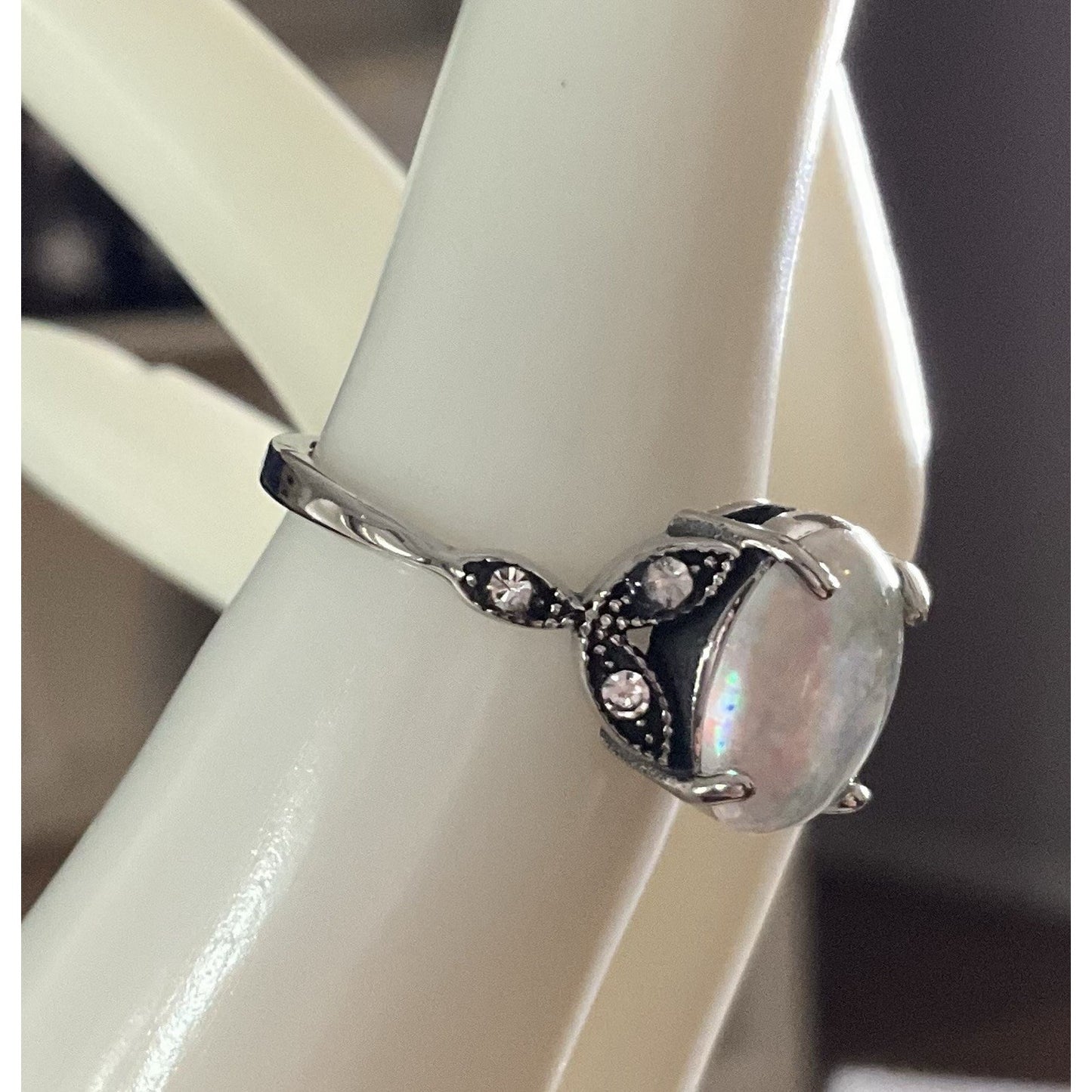 Vintage Sterling Silver Opal Ring Size 7.5 Oval Fire Opal Style Statement Ring