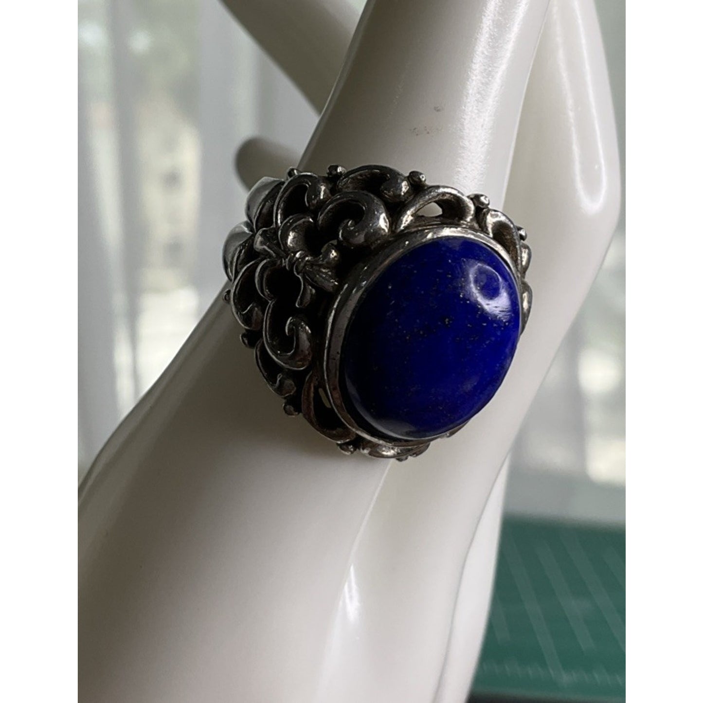 Vintage Lapis Lazuli Sterling Silver Ring Thailand J Filigree Statement Size 7.5