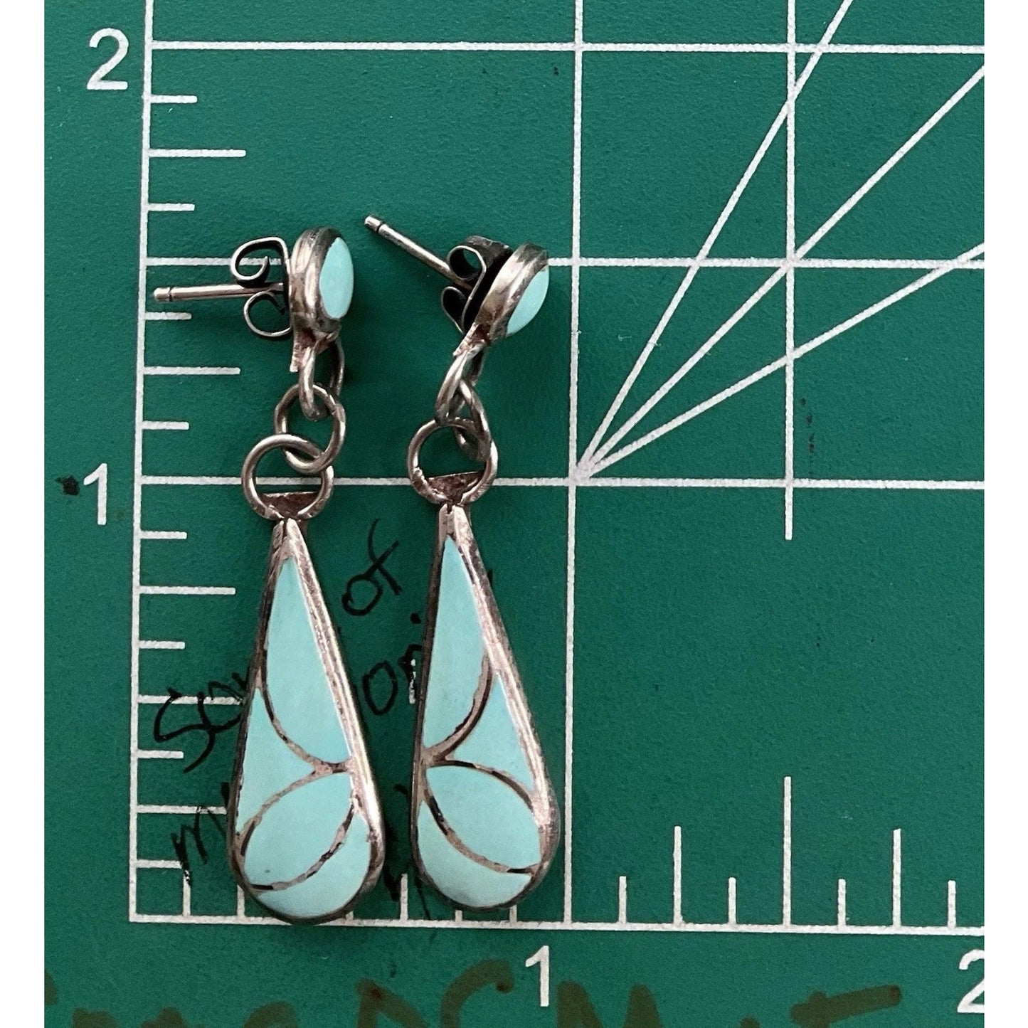 Sterling Silver Turquoise Inlay Dangle Earrings Teardrop Southwestern Style 4.3g