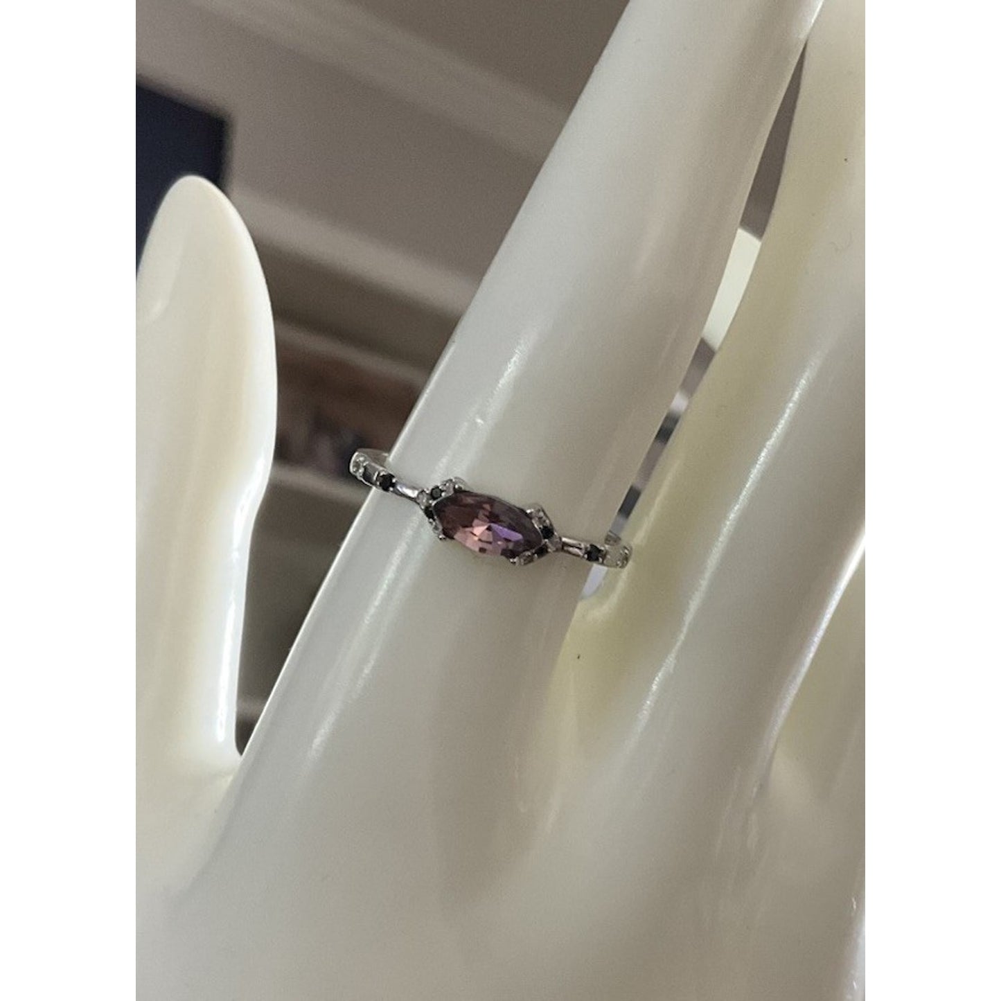 Sterling Silver Pink Marquise Gemstone Ring – Black Spinel & CZ Accents Size 10