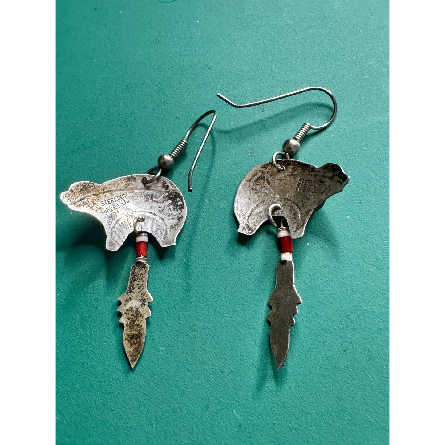 Signed Nel J. Navajo Sterling Silver Bear Earrings Coral Feather Dangle