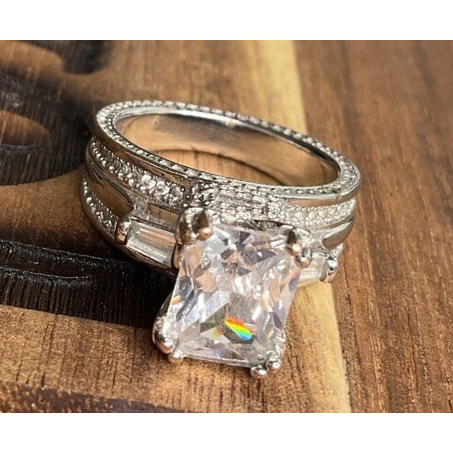 Large Square Cut CZ Ring Multi Band Sterling Silver Statement Ring 8.5