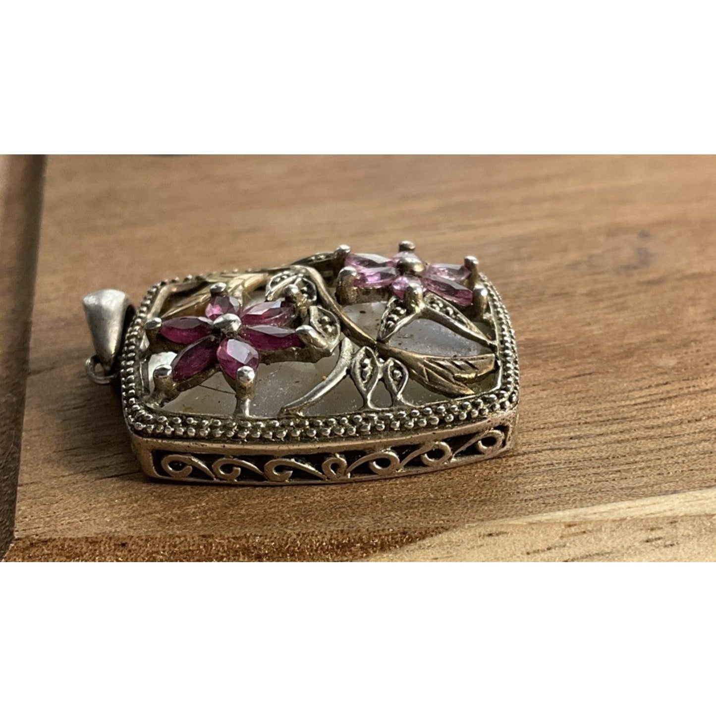 Sterling Silver 925 & 14K Gold Floral Pendant Pink Gemstone Flower Vintage Style
