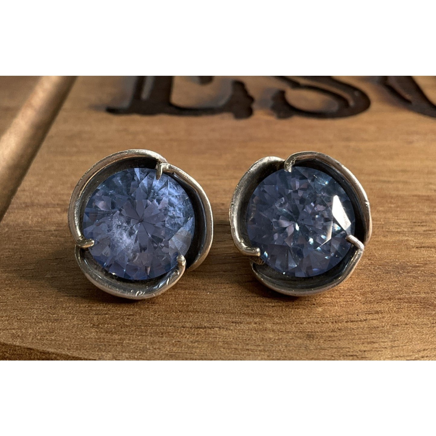 Sterling Silver Blue CZ Stud Earrings Large Round Faceted Sapphire Color