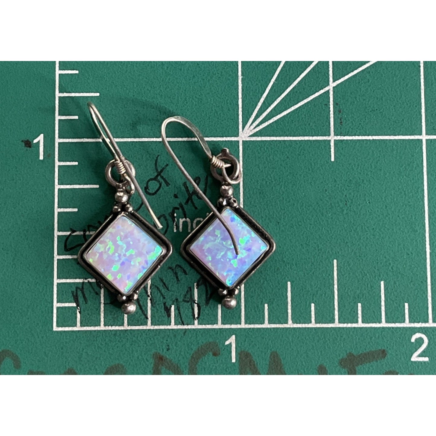 Vintage Sterling Silver Geometric Blue Iridescent Fire Opal Dangle Drop Earrings