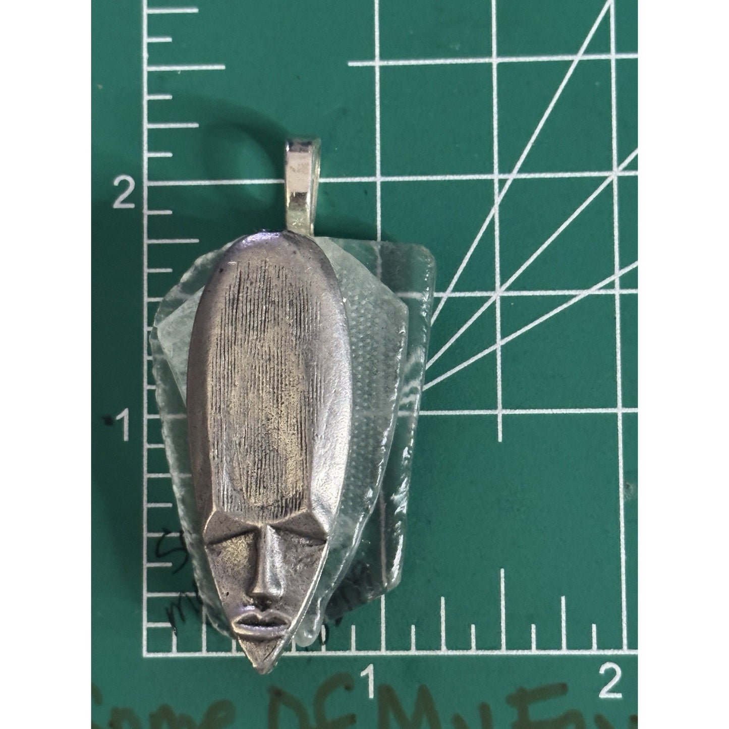 Artisan Sterling Silver 925 Tribal Mask Pendant on Thick Clear Glass Base 23.9g
