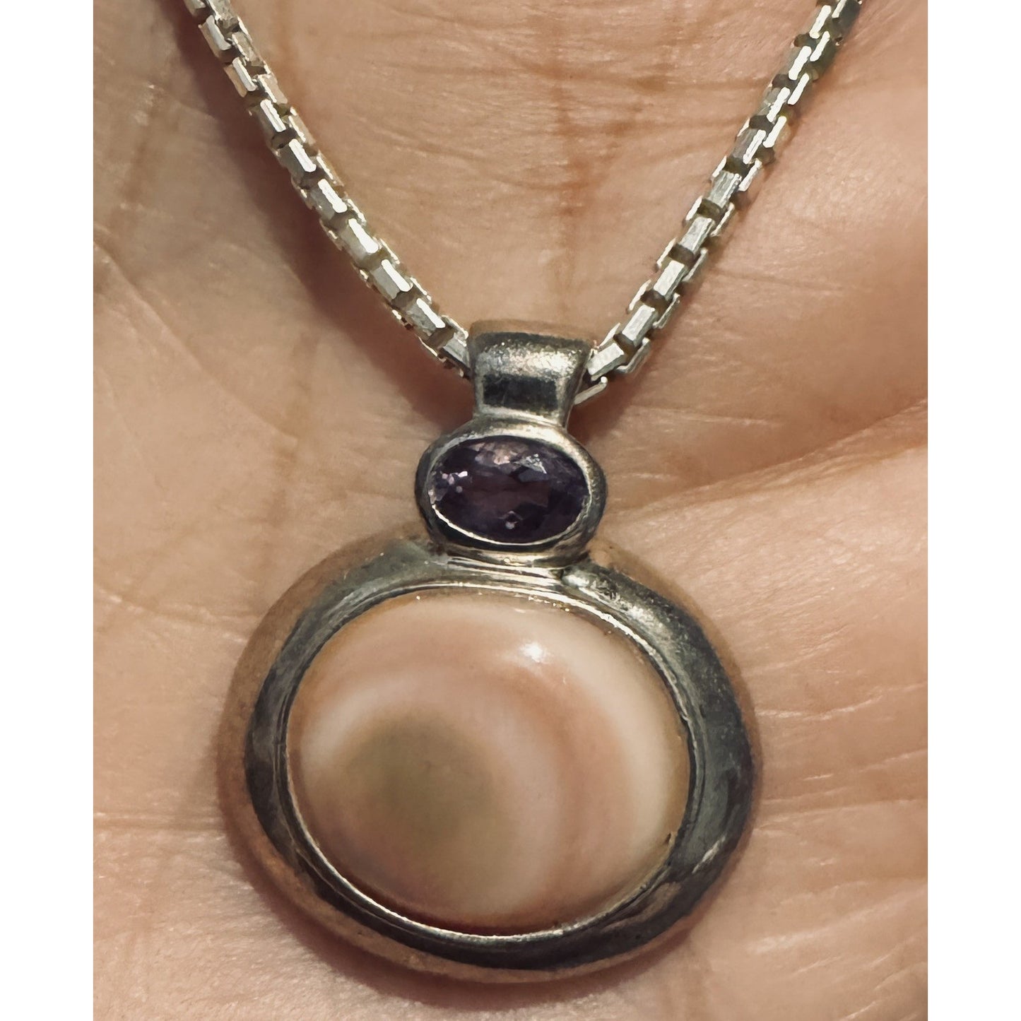 Vintage 925 Amethyst Mother Pearl With Necklace 7g FAS Italy Mirror Box Chain 16