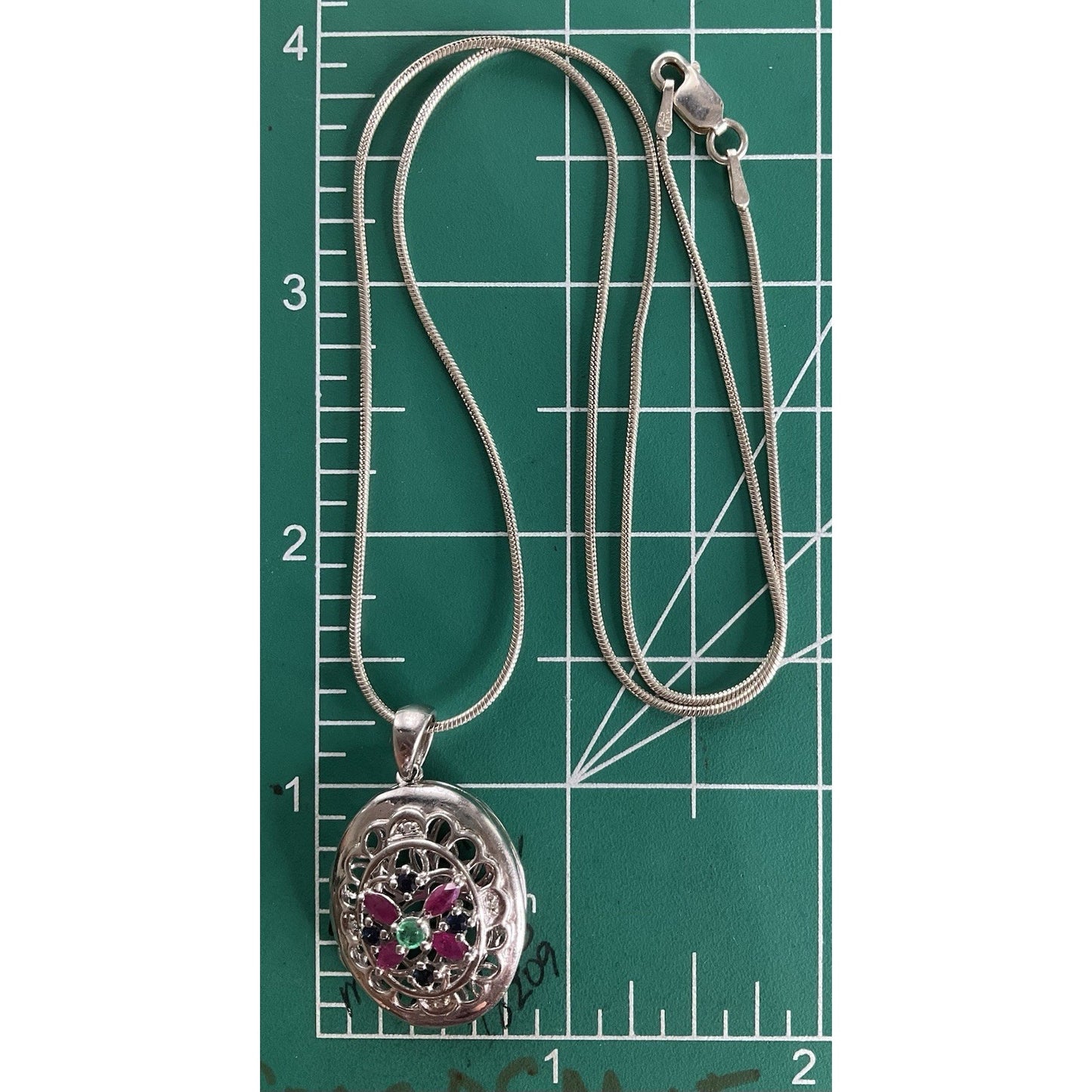 Vintage Sterling Silver Locket Necklace 925 Italy GRP Multi Stone