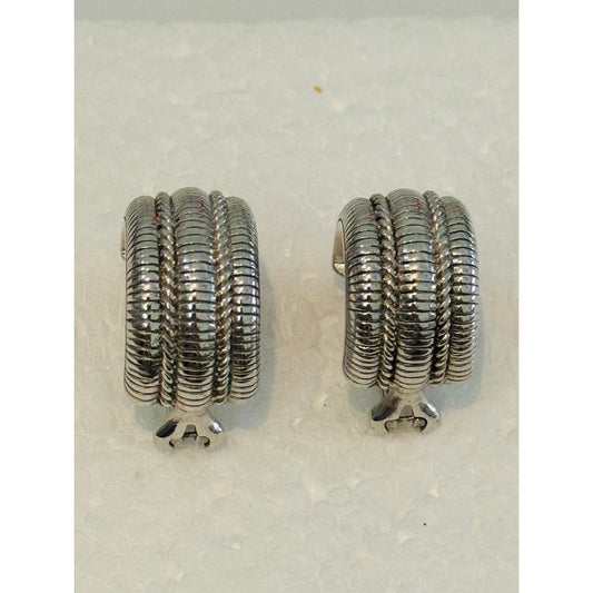 Judith Ripka Sterling Silver Ribbed Hoop Earrings 925 Omega Backs 15.4g Vintage