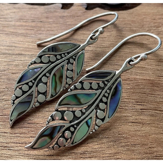 Annika Witt Sterling Silver Abalone Leaf Dangle Earrings 925 Boho 1.25” 3.7 gr