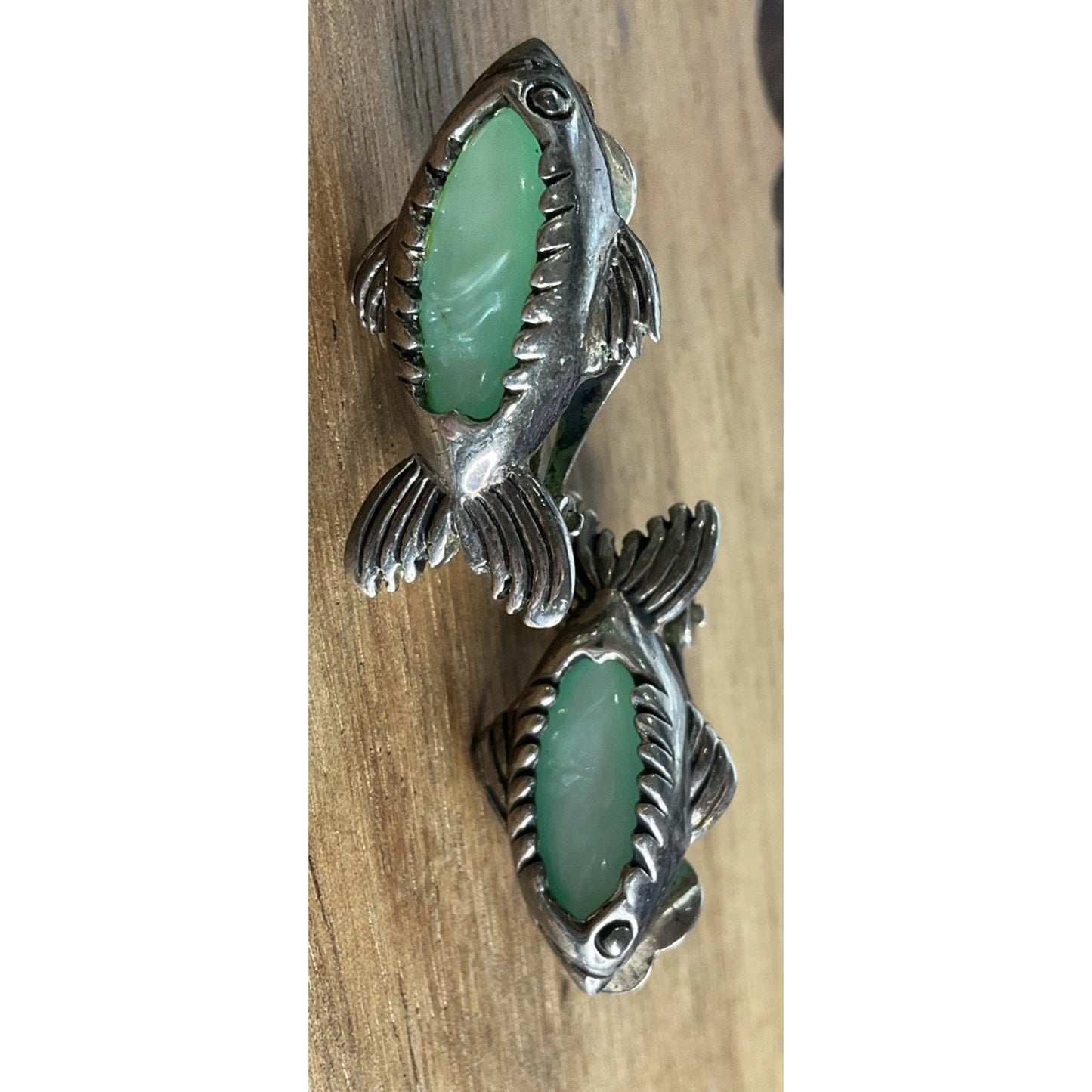 Vintage Sterling Silver Fish Coastal Clip On Earrings Aqua Green Gemstones 10g