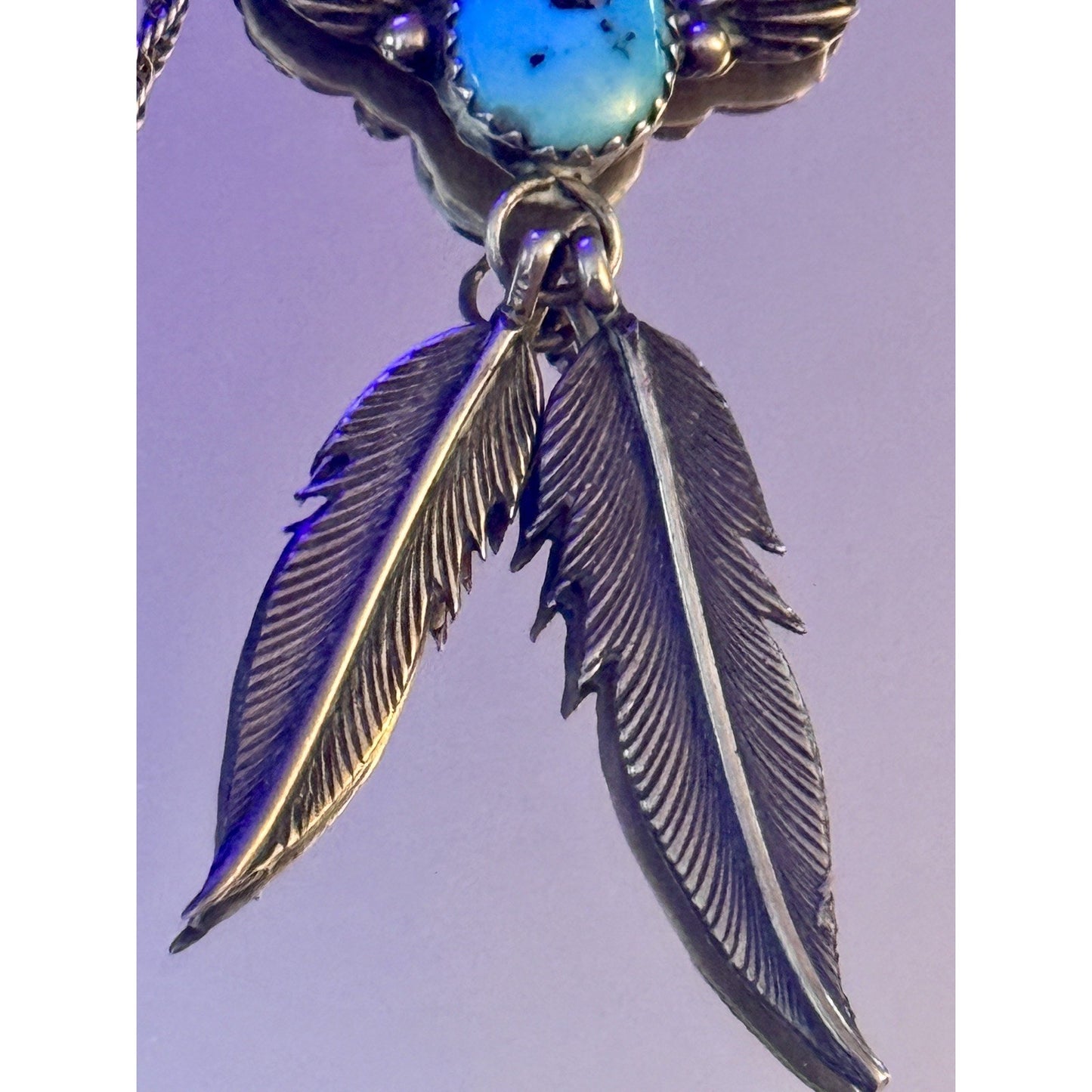 Vintage Sterling Silver Turquoise Wing Feather Pendant Necklace 16” 2.25” Tall