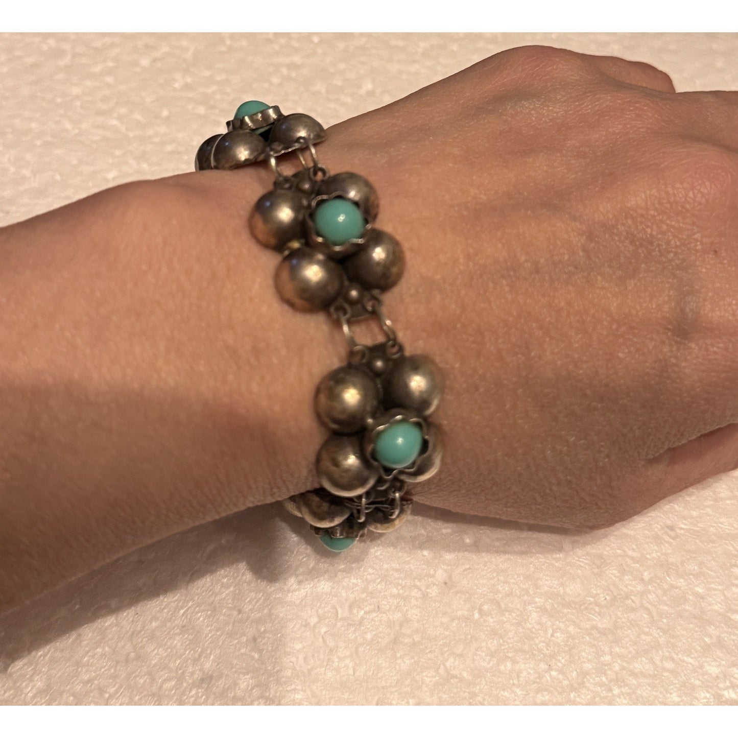 Vintage Mexico Silver Turquoise Cluster Bracelet 7.25” 21g Pre Eagle Sterling
